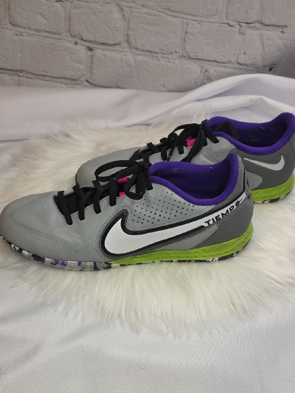 Nike Gray Indoor Soccer Shoes with Purple Lining and Lime Accents